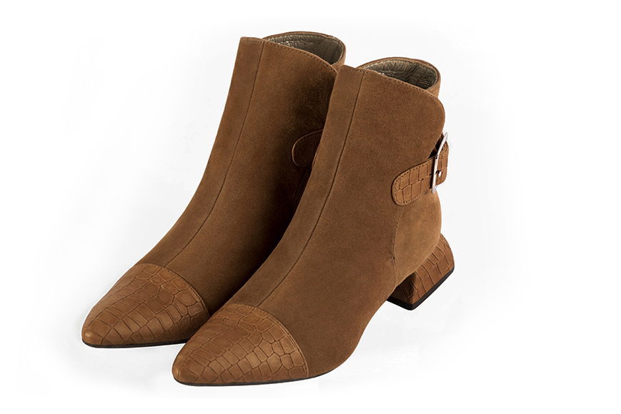 Caramel brown women's booties, with buckles at the back. Tapered toe. Low flare heels - Florence KOOIJMAN